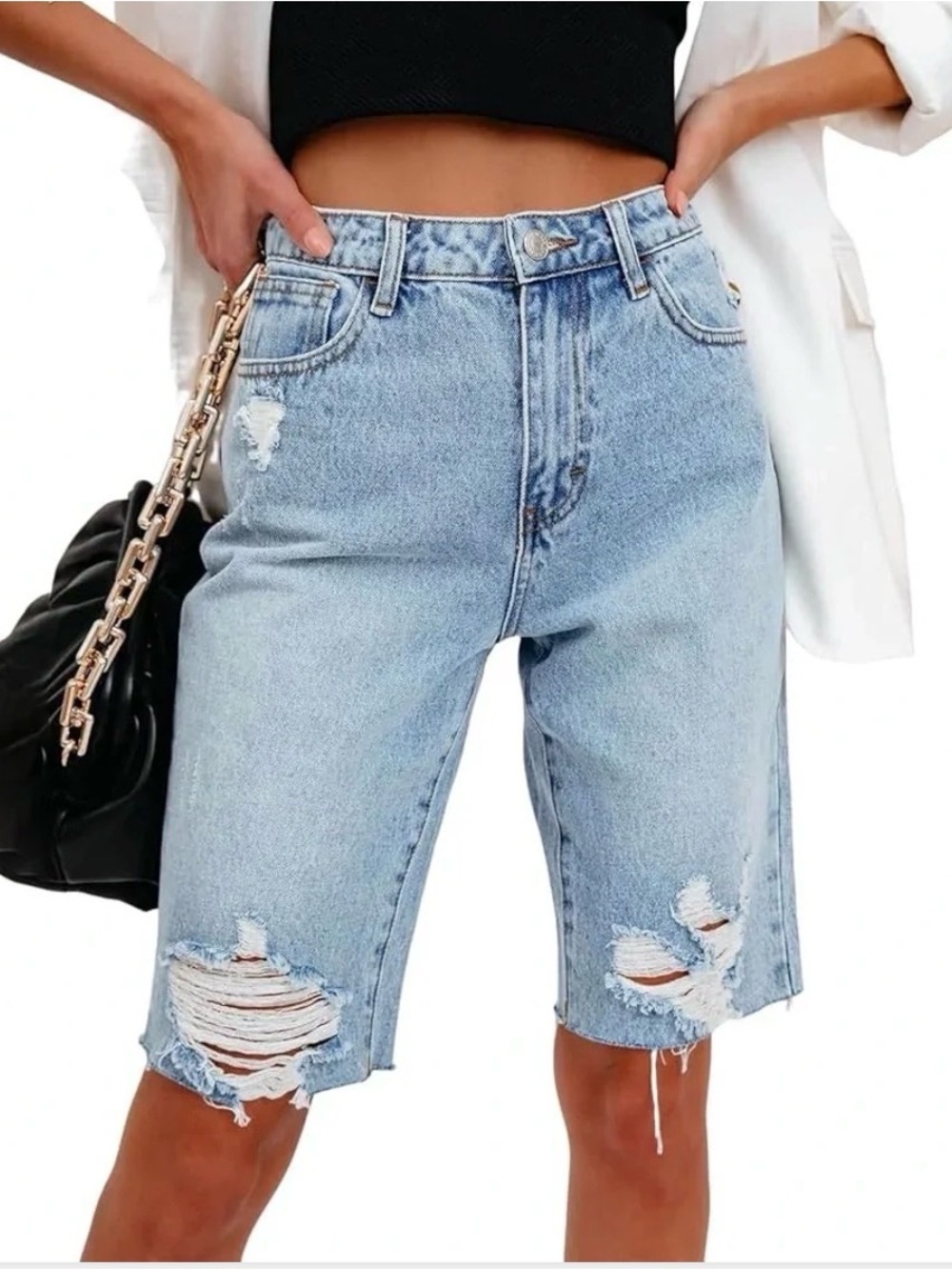 Ripped Light Blue Denim Bermuda Shorts - Women